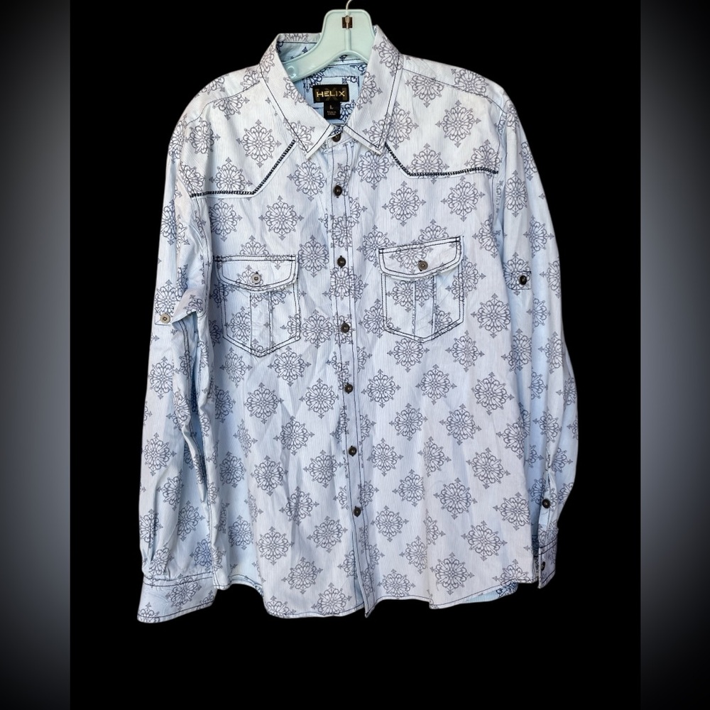 Helix Blue Athletic Fit Patterned Button-Up Shirt Size Large